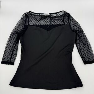 Unique Vintage Black Mesh Dot Top | Sheer Polka Dot Sleeve Retro Blouse